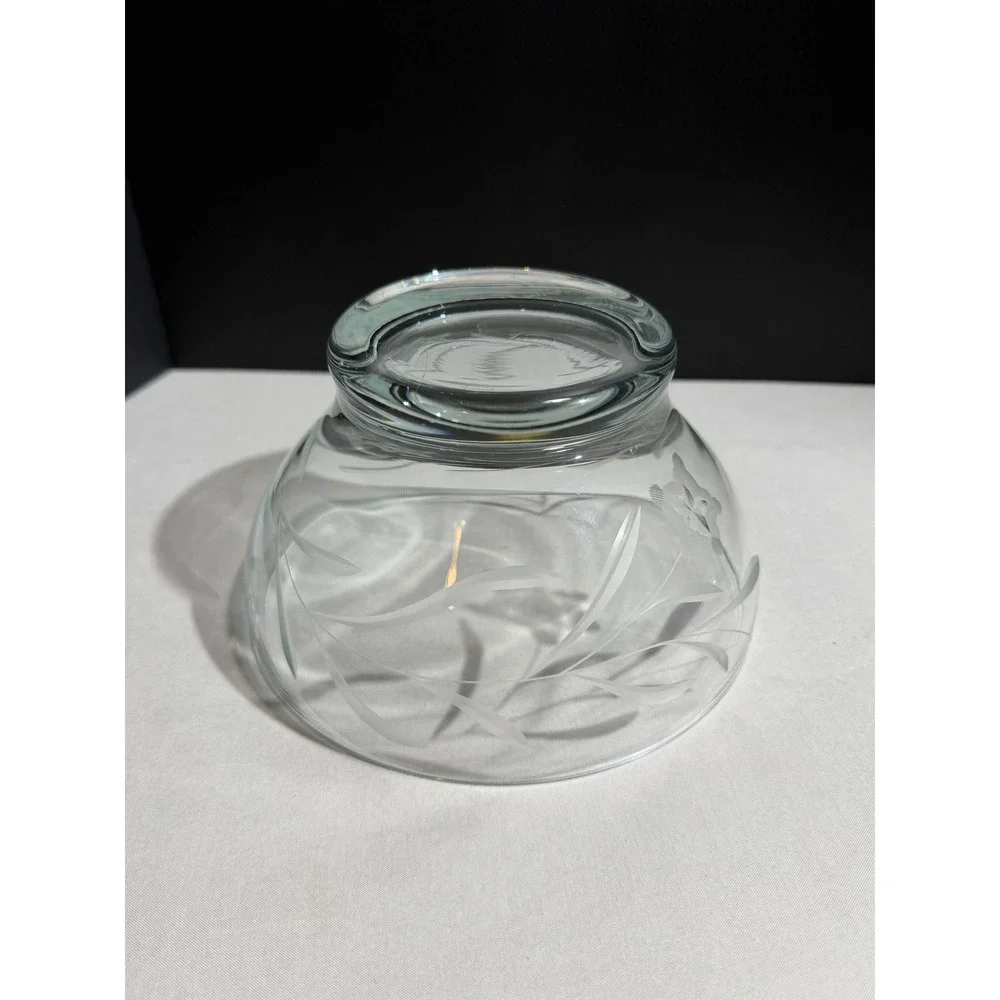 Vintage Etched Clear Glass Candy Dish with Lid Floral Pattern Pedestal Bowl